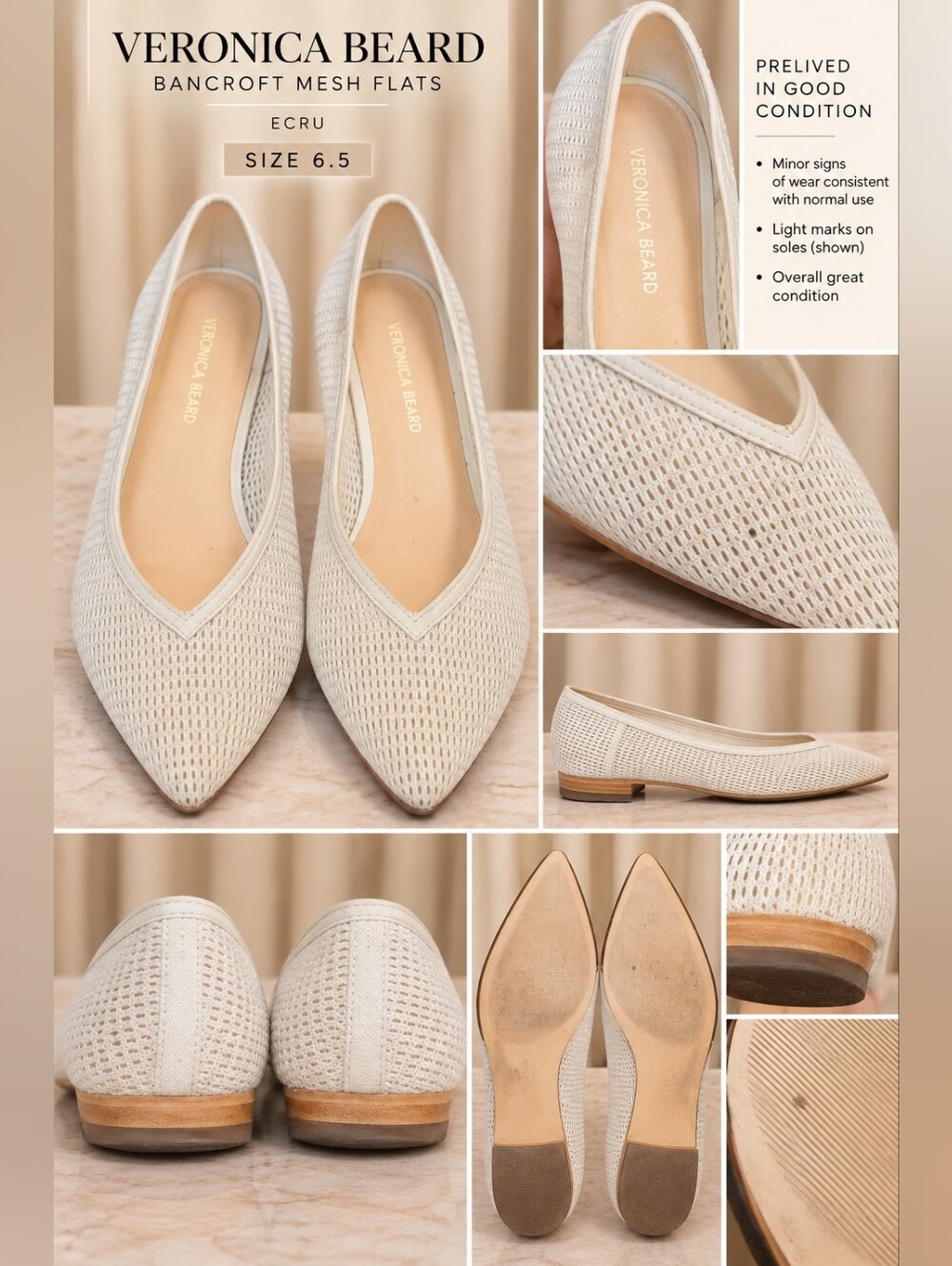 Veronica Beard Ecru Mesh Pointed-Toe Flats - Prelived